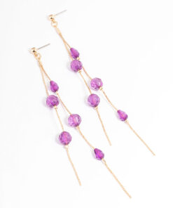 Purple Double String Bead Drop Earrings