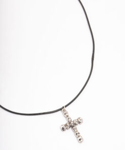 Rhodium Cord Skull Cross Necklace