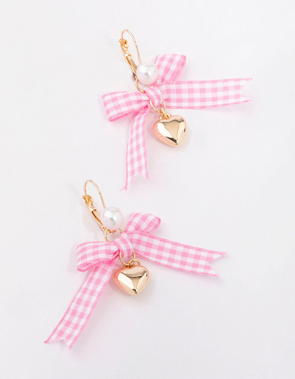 Pink Gingham Bow & Heart Earrings