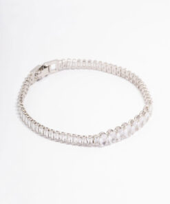 Rhodium Round Emerald-Cut Rectangular Tennis Bracelet