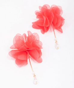 Red Fabric Flower Pearl Drop Earrings
