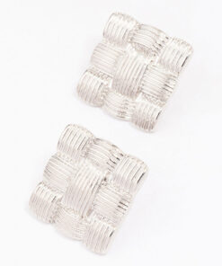 Rhodium Quilted Square Stud Earrings