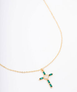Emerald Cubic Zirconia Baguette Cross Pendant Necklace