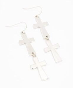 Rhodium Double Cross Drop Earrings