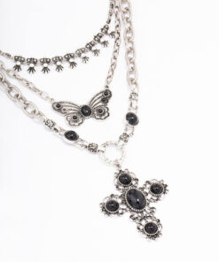Antique Butterfly Cross Stone Layered Necklace