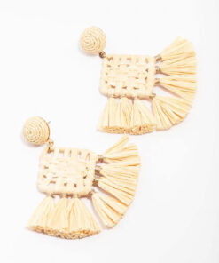 Cream Woven Square Tassel Earrings