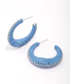 Blue Medium Fabric C-Shaped Hoop Earrings