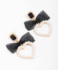 Pearl Bow Heart Drop Earrings