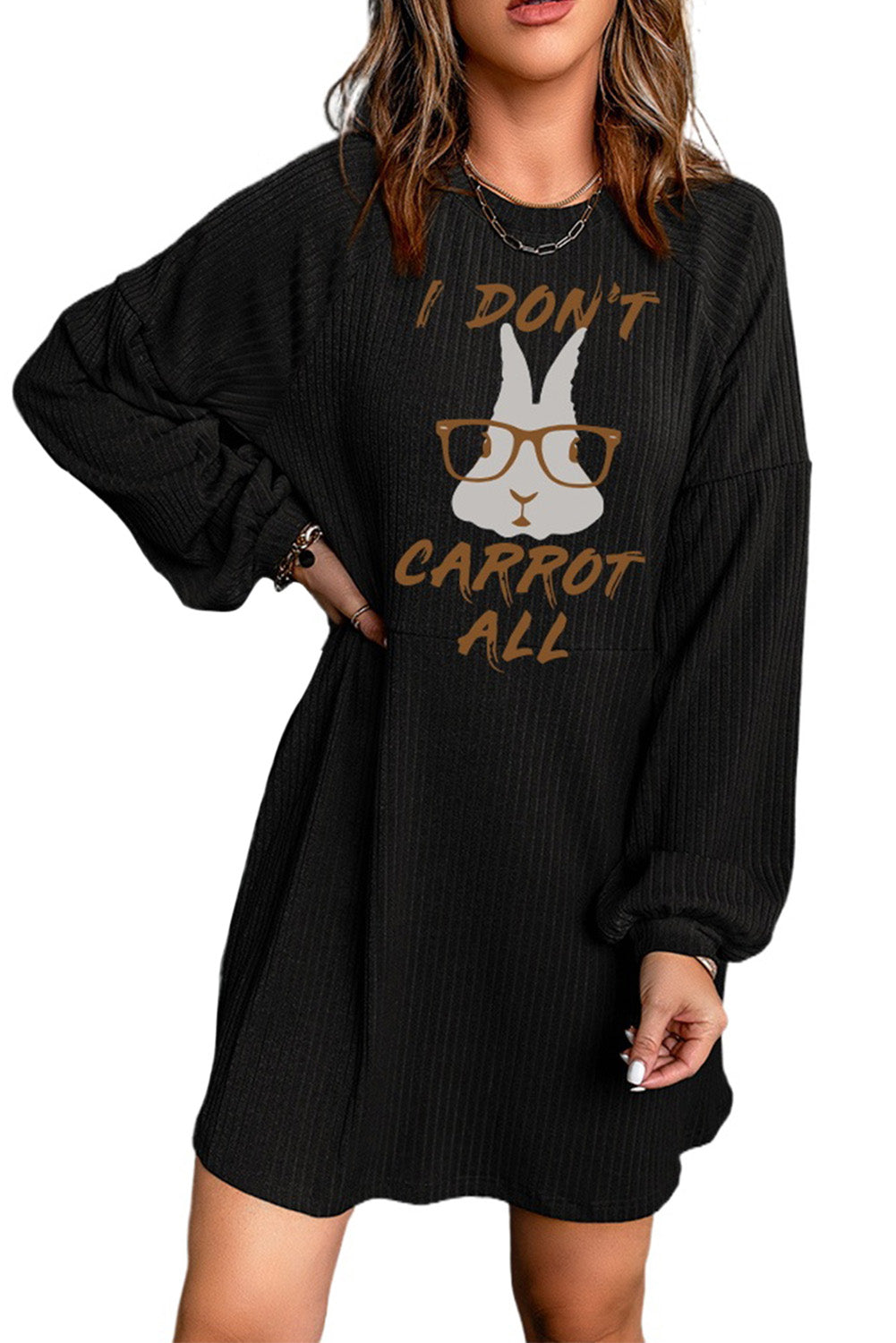 Womens Casual Long Sleeve Mini Dress Crew Neck Loose Knit Dress - Image 2