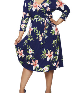 Women's Summer Swing Dress Floral V Neck Plus Size Midi Dress