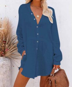 Women's Long Sleeve V Neck Button Down Shirt Summer Tunic Dresses