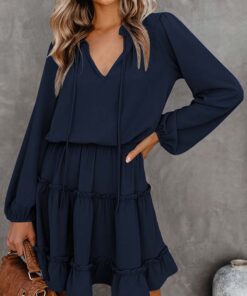 Women Casual Spring Summer Dresses Long Sleeve Ruffle Flowy Swing Dress