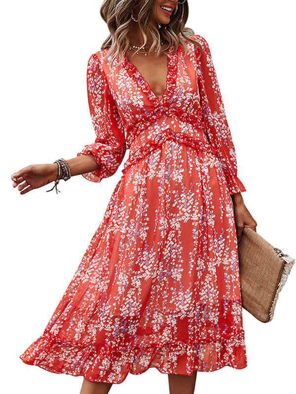 Womens Long Sleeve V Neck Ruffle Floral Midi Dress Sun Dresses - Image 9