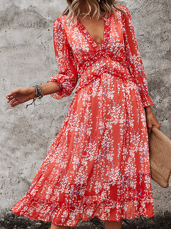 Womens Long Sleeve V Neck Ruffle Floral Midi Dress Sun Dresses - Image 8