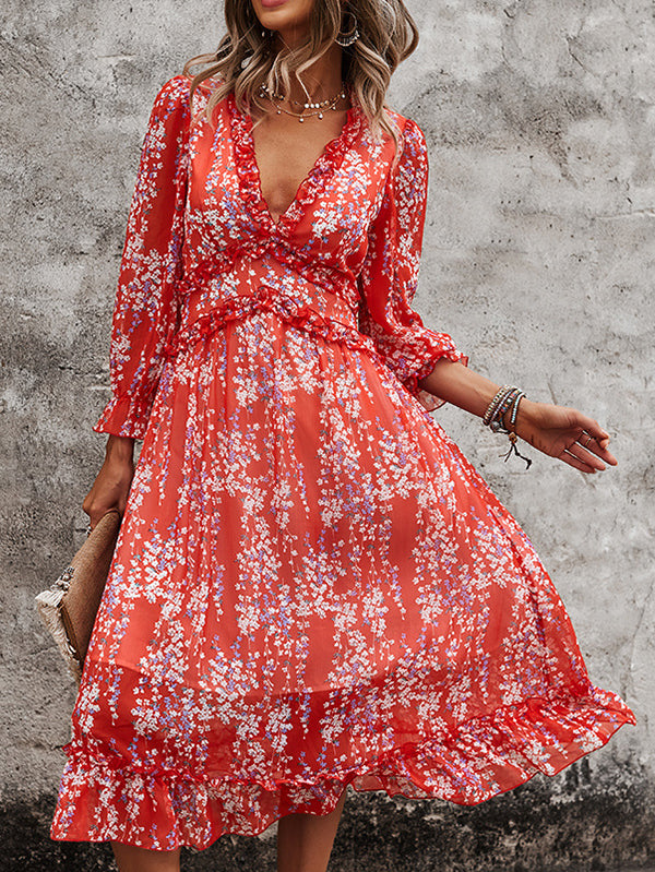 Womens Long Sleeve V Neck Ruffle Floral Midi Dress Sun Dresses - Image 6
