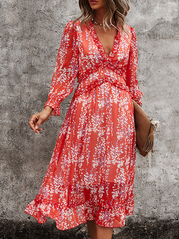 Womens Long Sleeve V Neck Ruffle Floral Midi Dress Sun Dresses - Image 7
