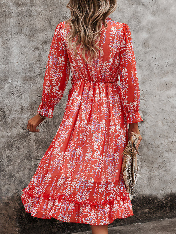 Womens Long Sleeve V Neck Ruffle Floral Midi Dress Sun Dresses - Image 5