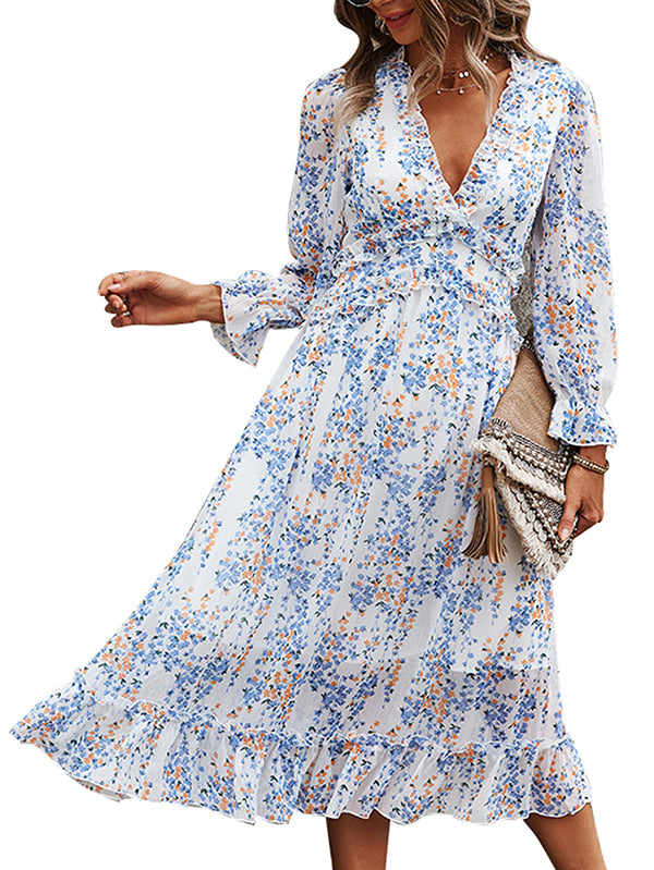 Womens Long Sleeve V Neck Ruffle Floral Midi Dress Sun Dresses - Image 3