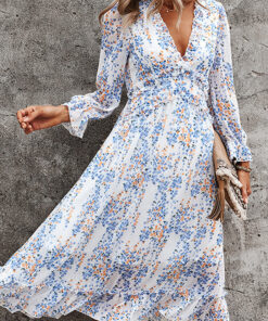 Womens Long Sleeve V Neck Ruffle Floral Midi Dress Sun Dresses