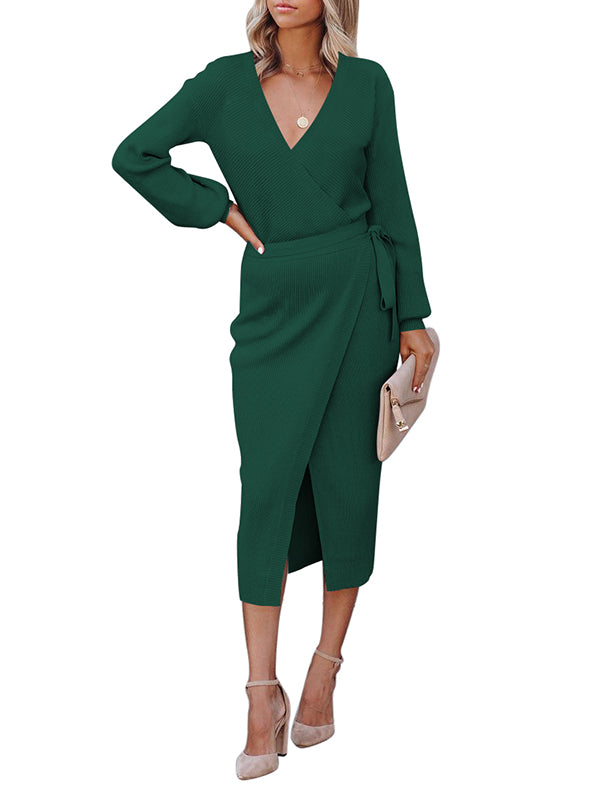 Women Wrap V Neck Knit Dress Slim Fit Long Sleeve Dress - Image 6