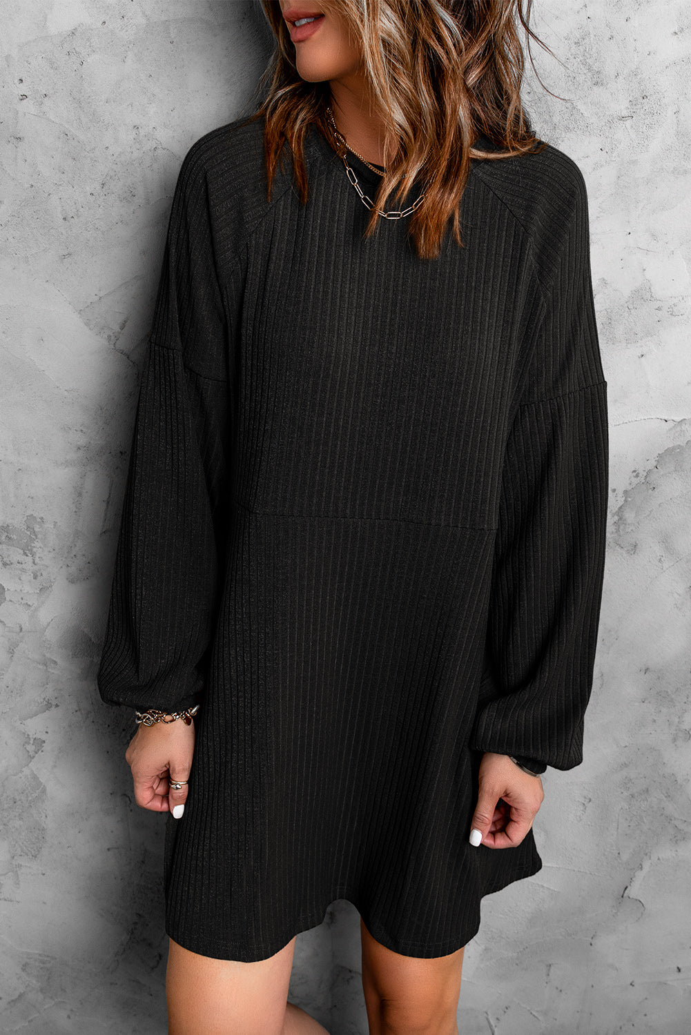 Womens Casual Long Sleeve Mini Dress Crew Neck Loose Knit Dress - Image 5