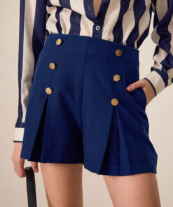 Women's Navy High-Waisted Pleated Shorts
